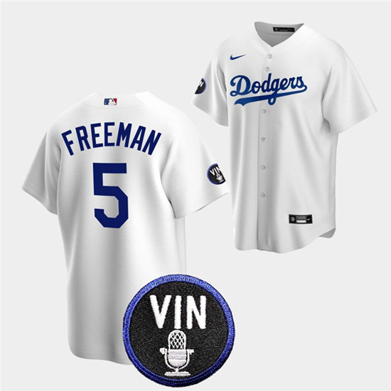 Men's Los Angeles Dodgers #5 Freddie Freeman 2022 White Vin Scully Patch Cool Base Stitched Baseball Jersey